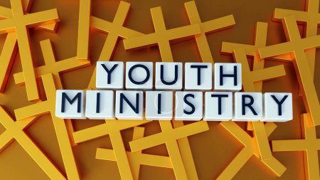 3d rendering of Youth ministry words on the white background with gold cross