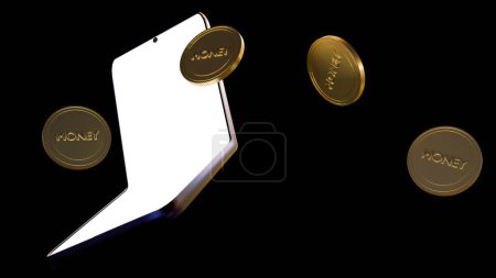 Foto de 3d renderización de flip smartphone con monedas de oro - Imagen libre de derechos