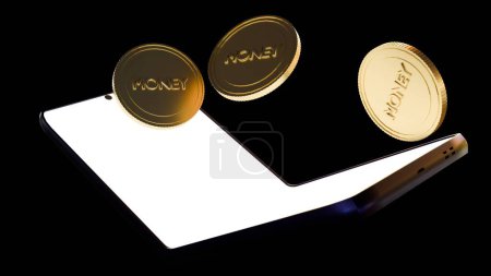 Foto de 3d renderización de flip smartphone con monedas de oro - Imagen libre de derechos