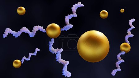 Téléchargez les photos : Le rendu 3d des nanoparticules d'or (AuNPs) peut être utilisé pour fournir des acides nucléiques, tels que l'ARN, et ont des propriétés uniques pour la biodétection. - en image libre de droit