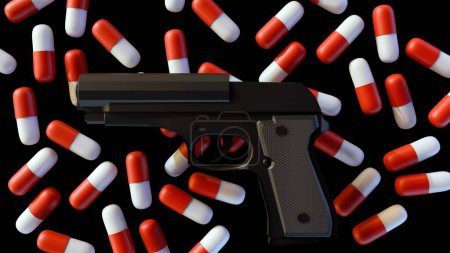 3d rendering of drugs capsule and gun