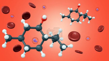3d rendering of menthol chemical structure with scattered blood cells