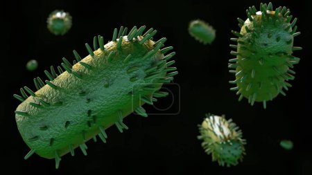 3d renderización del lissavirus causa encefalomielitis viral aguda fatal conocida como rabia.