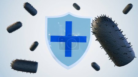 Photo for 3d rendering of shield with cross symbol and rabies virus - Royalty Free Image