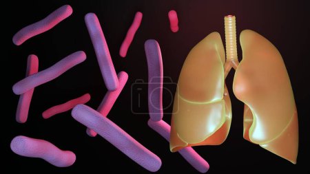 3d rendering of Mycobacterium tuberculosis, bacteria that causes tuberculosis (TB) and human lungs