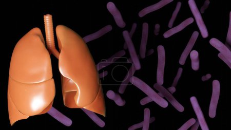 renderización 3d de Mycobacterium tuberculosis, bacteria que causa tuberculosis (TB) y pulmones humanos