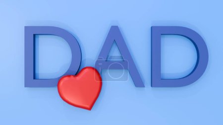 rendu 3D de coeur rouge et lettres DAD dans le fond bleu