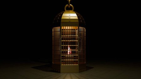Photo for 3D rendering of an ignited candle inside an antique golden lantern. - Royalty Free Image