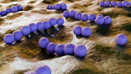 Foto de 3d rendering of streptococcus, es una bacteria esférica que pertenece a la familia Streptococcaceae. Son cocos no esporádicos que tienden a encadenarse. - Imagen libre de derechos