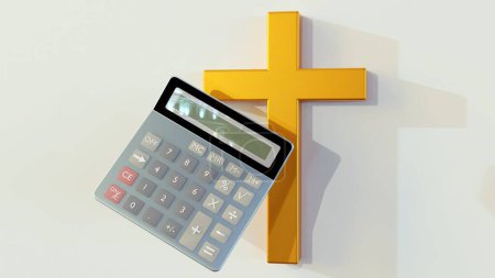 3d rendering of a calculator and gold cross on the white background