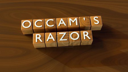 3D-Rendering von Occams Rasiermesser auf den Holzwürfeln. es wird als heuristische oder "Faustregel" verwendet, um Wissenschaftler bei der Entwicklung theoretischer Modelle zu leiten
