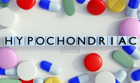 A 3d rendering of hypochondriac on the blocks with variety of drugs