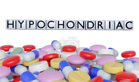 A 3d rendering of hypochondriac on the blocks with variety of drugs