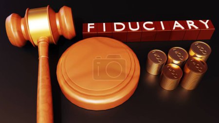 3d rendering of fiduciary on cube shapes with pile of gold money and gavel