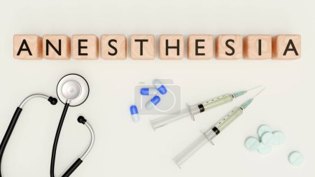Foto de 3d representación de bloques de madera deletreando la palabra "ANESTESIA" y jeringa médica - Imagen libre de derechos