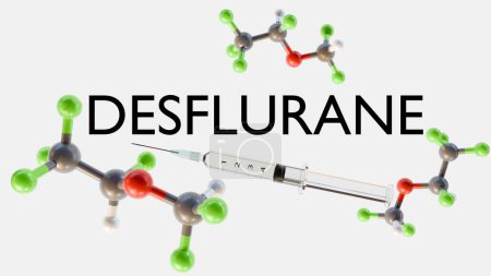 Téléchargez les photos : Rendu 3d de molécules de Desflurane, il appartient au groupe de médicaments appelés anesthésiques généraux et ne peut pas être appliqué via une pompe à seringue - en image libre de droit
