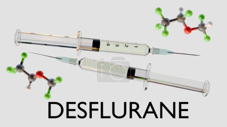 3D-Rendering von Desfluran-Molekülen, es gehört zur Gruppe der als Allgemeinanästhetika bekannten Medikamente und kann nicht über eine Spritzenpumpe angewendet werden