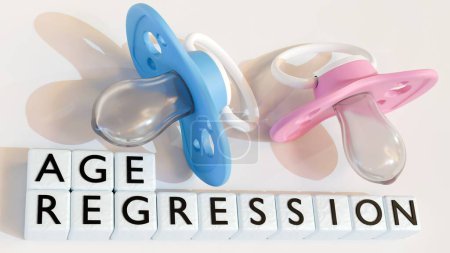 3d rendering of wooden blocks spelling the word "age regression" and baby pacifier