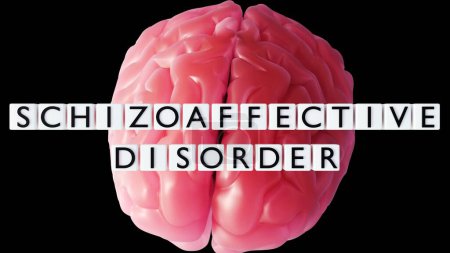 3d rendering of wooden blocks spelling the word "schizoaffective disorder" and a human brain