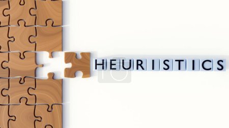 3d renderizado de Heurística y piezas de rompecabezas, Heurística son estrategias simples para formar rápidamente juicios, tomar decisiones y encontrar soluciones a problemas complejos