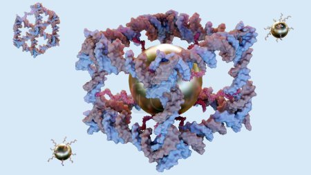 3d rendering of gold nanoparticles conjugated inside of the construction from DNA of a covalently closed cube-like molecular complex 