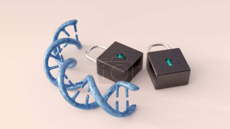 3D-Rendering von DNA-Helix und Vorhängeschloss. Schutz der Privatsphäre und Datensicherheit persönlicher DNA-Informationen