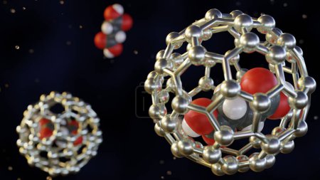 Rendu 3d de molécules médicamenteuses à l'intérieur du fullerène