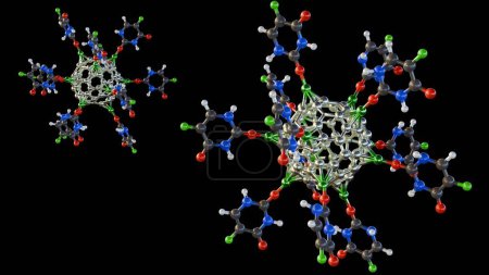 3d representación de metal alcalino decorado con C60 fullerenos para la entrega de la droga contra el cáncer de 5-fluorouracilo