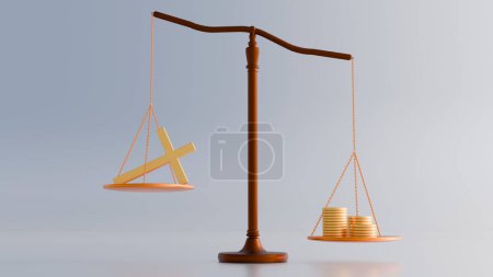 3d rendering of uneven scale with cross and pile of gold coins