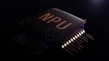 3d renderizado de la unidad de procesamiento neuronal llamado procesador NPU, un acelerador AI, o procesador de aprendizaje profundo