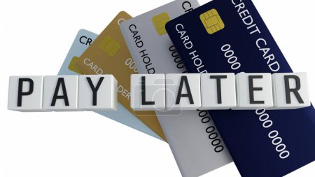 Eine 3D-Wiedergabe des Satzes "Pay Later" auf Würfelformen und Kreditkarten