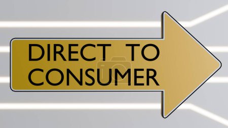 Un rendu 3D des mots "direct au consommateur" sont écrits en lettres majuscules blanches sur la flèche pointant vers la droite.