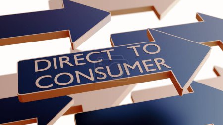 Un rendu 3D des mots "direct au consommateur" sont écrits en lettres majuscules blanches sur la flèche pointant vers la droite.