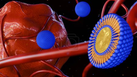 3d rendering of floating liposome is targeting cancer cells inside of body