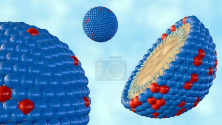 3d renderización de las nanoemulsiones (NE) son moléculas diminutas que llevan los componentes del fármaco en su núcleo. La estructura es tensoactivo orgánico, aceite o ingrediente activo y co-emulsionante