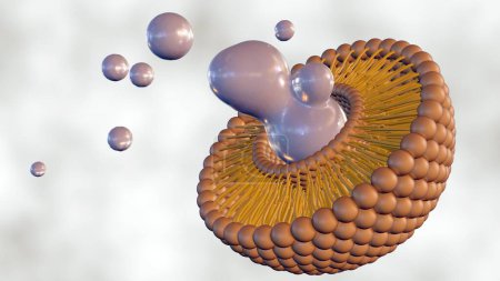 3d rendering of compromised liposome releasing its contents. Magnified image of a liposome, showing leakage of its encapsulated material.