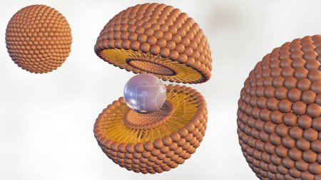 3D-Rendering von kompromittiertem Liposom, das seinen Inhalt freisetzt. Vergrößertes Bild eines Liposoms, das die Leckage seines verkapselten Materials zeigt.