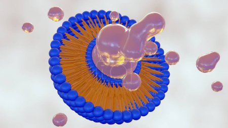 3d rendering of compromised liposome releasing its contents. Magnified image of a liposome, showing leakage of its encapsulated material.