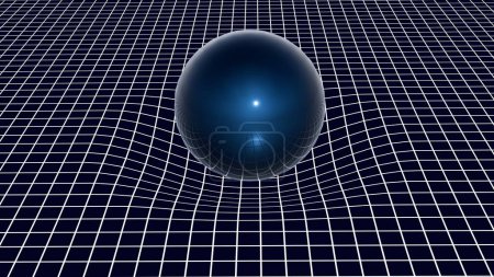 3D illustration of a sphere warping the space around it, with grid lines depicting the distortion of spacetime caused by gravity.