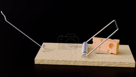 3D-Darstellung von isolierter hölzerner Mausefalle und Käsestück obendrauf