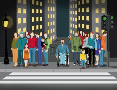 Foto de Gente caminando por la calle, con un hombre en silla de ruedas, solo. Concepto de inclusión. Ilustración. Gran ciudad - Imagen libre de derechos