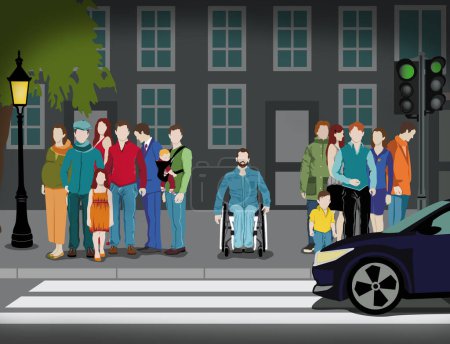 Téléchargez les photos : Des gens marchant dans la rue, avec un homme en fauteuil roulant, seul. Concept d'inclusion. Illustration, petite ville - en image libre de droit