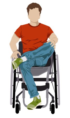 Foto de Un joven con una discapacidad, vistiendo la camiseta de bleu jean y una camiseta roja con una actitud positiva hacia su discapacidad. Lesión en la médula espinal. Lucha contra los prejuicios sobre discapacidad, inclusión de conceptos. - Imagen libre de derechos