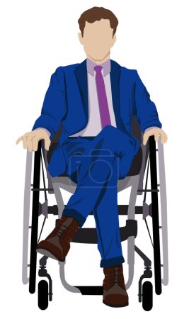 Foto de Un hombre de negocios discapacitado, en su traje azul con una actitud positiva hacia su discapacidad. Lesión en la médula espinal. Lucha contra los prejuicios sobre discapacidad, inclusión de conceptos. - Imagen libre de derechos