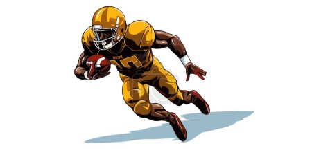 American Football Spieler Vektor Illustration auf weißem Hintergrund. Fußballprofi, der mit einem Ball auf einem schlichten Hintergrund läuft. Sportler mit Sicherheitsausrüstung sprintet zum Touchdown.