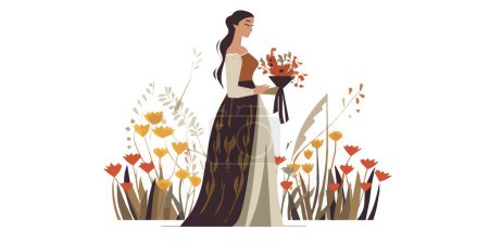 Ilustración de Una bella doncella con un vestido medieval, sosteniendo un pequeño ramo de flores. Ilustración vectorial medieval de una doncella. - Imagen libre de derechos