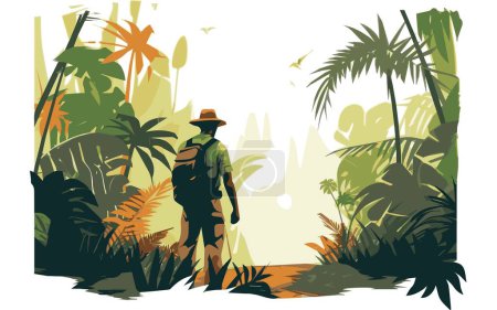 Ilustración de Explorador en la selva rodeado de exuberante vegetación. Solo en una ilustración vectorial de selva tropical. - Imagen libre de derechos