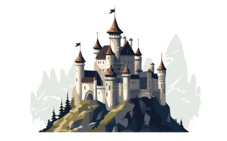Illustration for Medieval Castle on a Green hill. Fortified medieval stronghold or a hilltop fortress. vector illustration of a medieval fortress. - Royalty Free Image