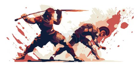 Illustration for Two gladiators fighting to the death. Roman Spartan holding a spear battling another warrior in a dramatic vector illustration. - Royalty Free Image