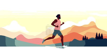 Foto de Jogger corriendo rodeado de montañas al atardecer ilustración vectorial. Un hombre trotando en un entorno escénico. Ilustración plana de estilo 2D de jogging runner entrenamiento al aire libre. - Imagen libre de derechos